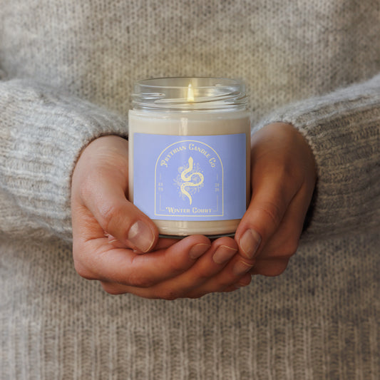 Fae Romantasy Scented Soy Candle Prythian Inspired Gift by Spinsterly Co in glass jar with Winter Court label