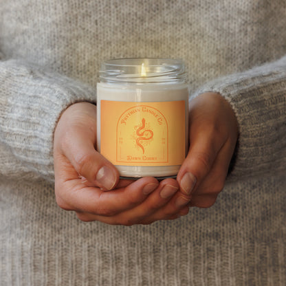 Fae Romantasy Scented Soy Candle Prythian Inspired Gift by Spinsterly Co in glass jar, warm glow