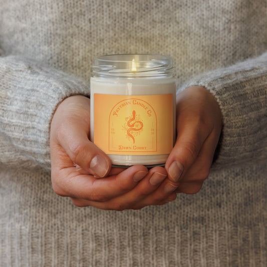 Fae Romantasy Scented Soy Candle Prythian Inspired Gift by Spinsterly Co in glass jar, warm glow