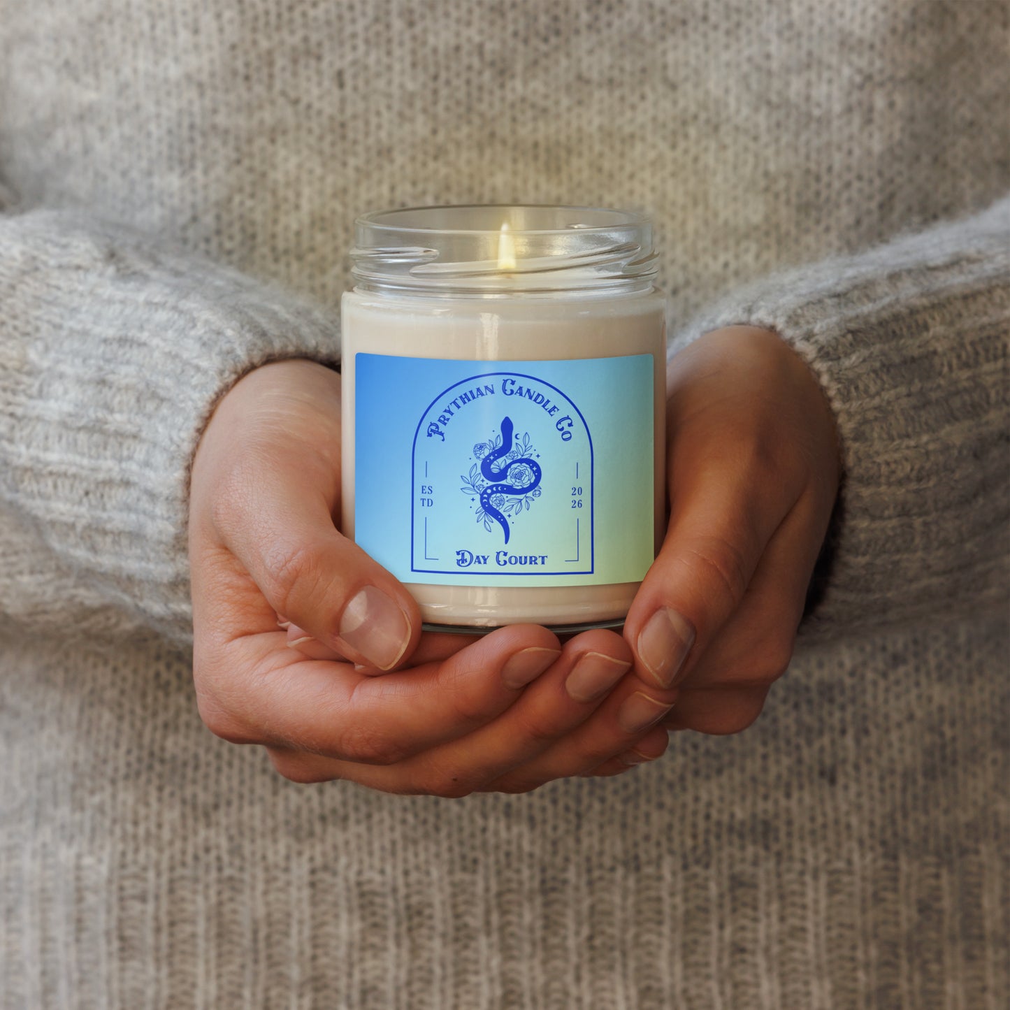 Fae Romantasy Scented Soy Candle Prythian inspired gift by Spinsterly Co in Day Court blue label