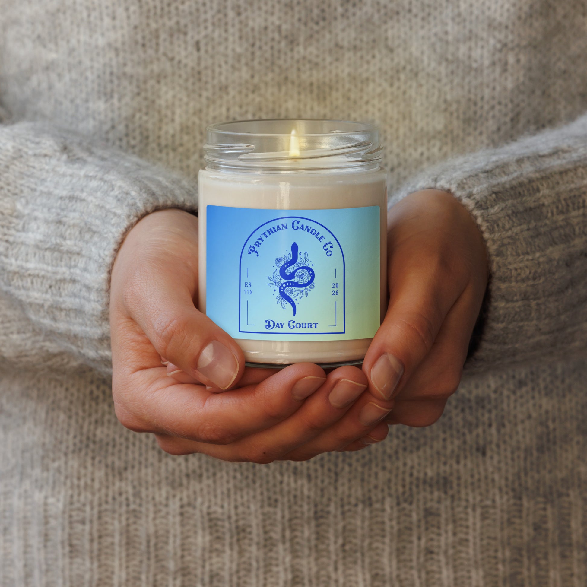 Fae Romantasy Scented Soy Candle Prythian inspired gift by Spinsterly Co in Day Court blue label