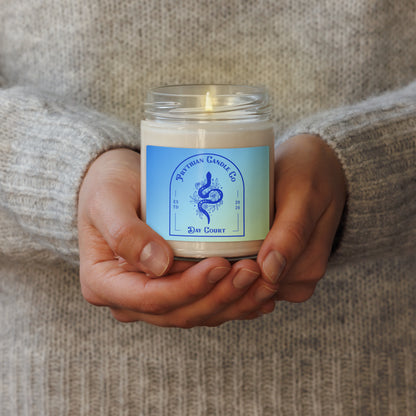 Fae Romantasy Scented Soy Candle Prythian inspired gift by Spinsterly Co in Day Court blue label