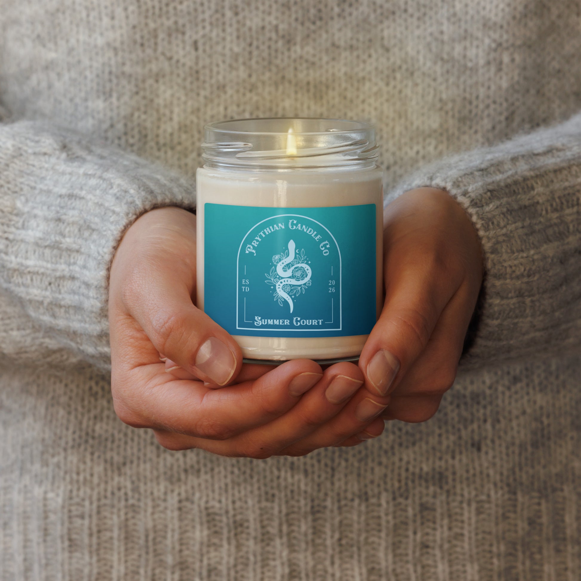 Fae Romantasy Scented Soy Candle Prythian Inspired Gift by Spinsterly Co in glass jar, Summer Court label