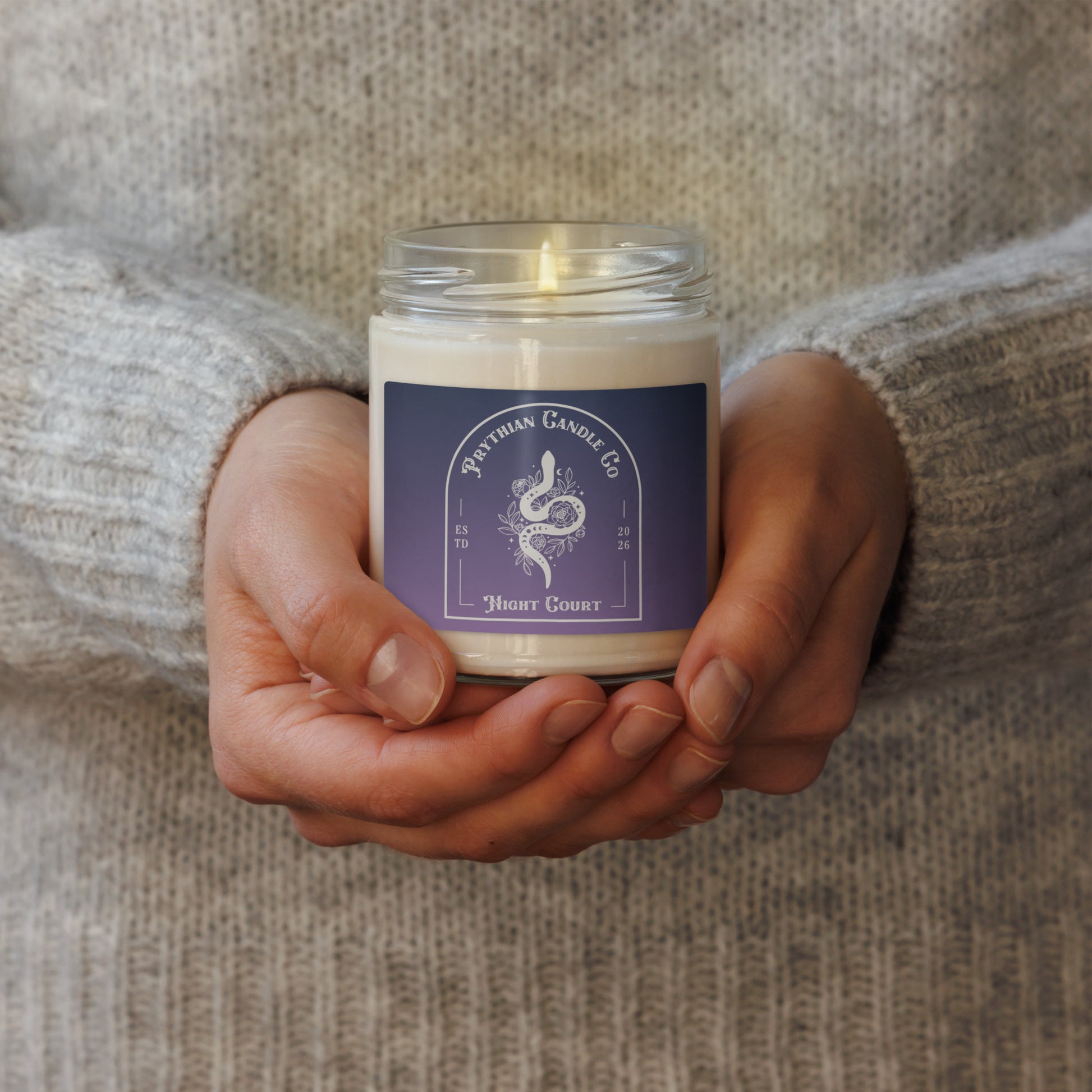 Fae Romantasy Scented Soy Candle Prythian Inspired Gift by Spinsterly Co, lit 9 oz glass jar candle