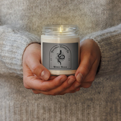 Fae Romantasy Scented Soy Candle Prythian inspired gift by Spinsterly Co in glass jar with warm glow