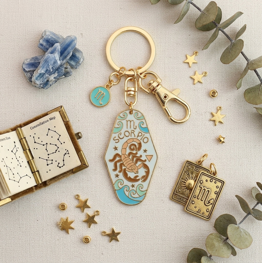 Gold-tone metal keychain with a large lobster clasp, a round key ring, and a central hexagonal charm featuring a gold scorpion and the word 'SCORPIO' on a pale blue enamel background. The keychain is styled on a linen surface with a blue crystal cluster, an open constellation map book, small gold star charms, and a gold card charm.