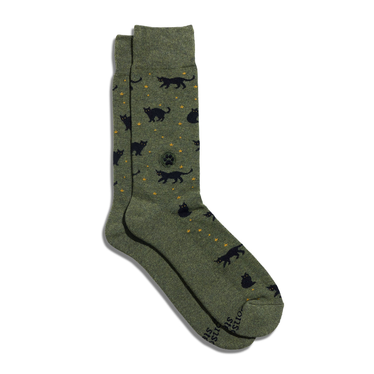 Socks that Save Cats — Halloween Black Cat Crew Socks | Olive Green | Witchy Gift | Organic Cotton - Spinsterly Co