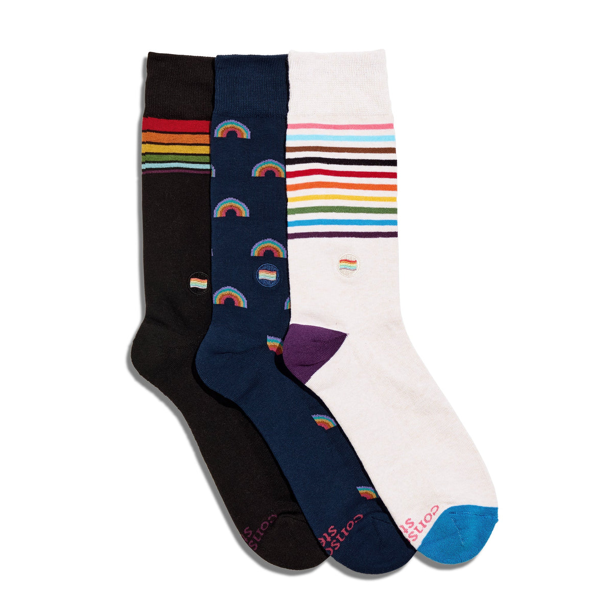 Save LGBTQ Lives Gift Box — 3-Pack Crew Sock Set | Rainbow, Mini Rainbow & Progress Pride Stripe - Spinsterly Co