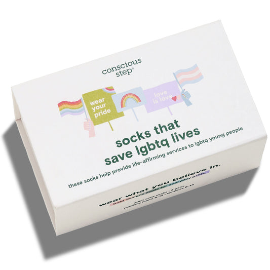 Save LGBTQ Lives Gift Box — 3-Pack Crew Sock Set | Rainbow, Mini Rainbow & Progress Pride Stripe - Spinsterly Co