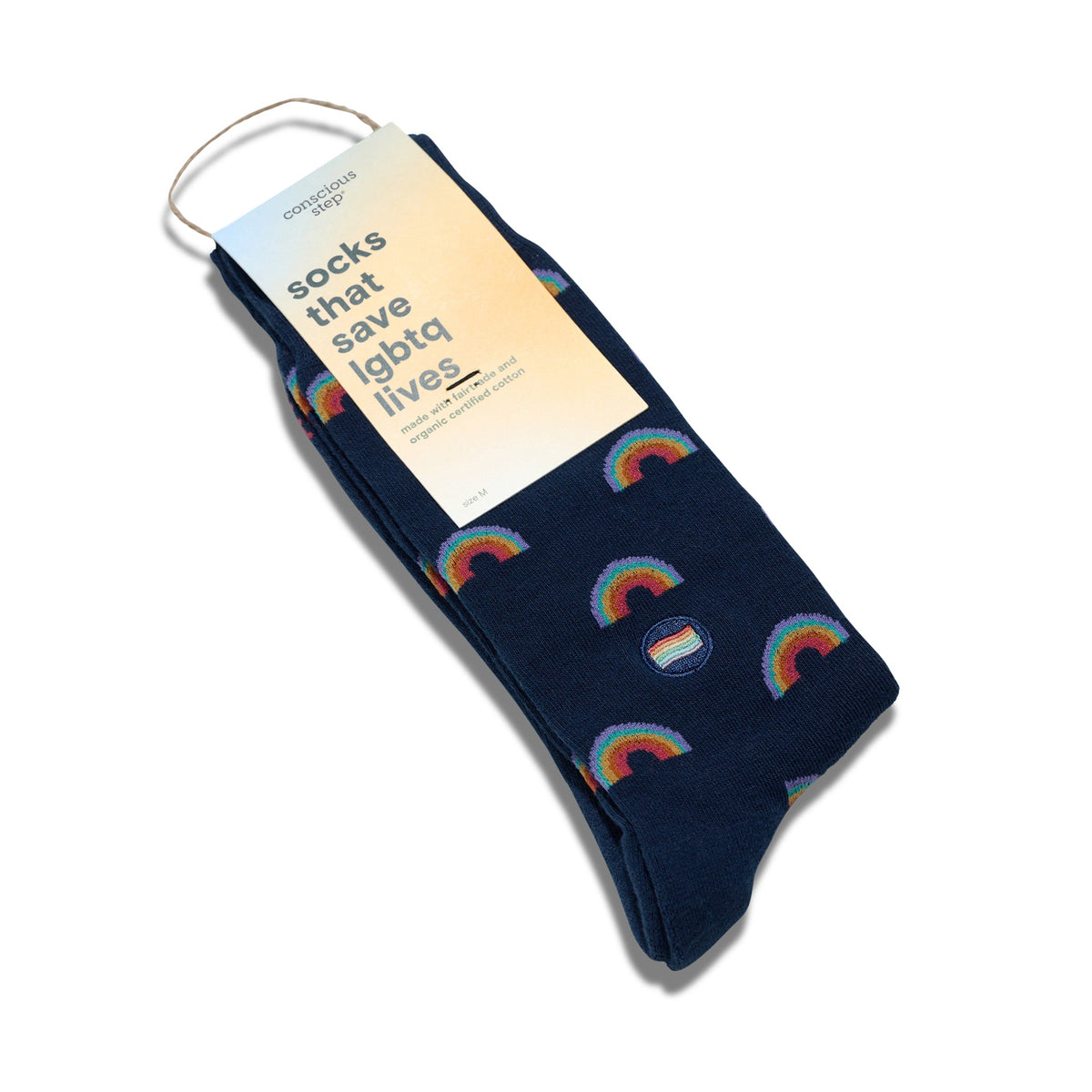 Socks that Save LGBTQ Lives — Navy Rainbow Crew Socks | LGBTQ+ Pride | Organic Cotton - Spinsterly Co