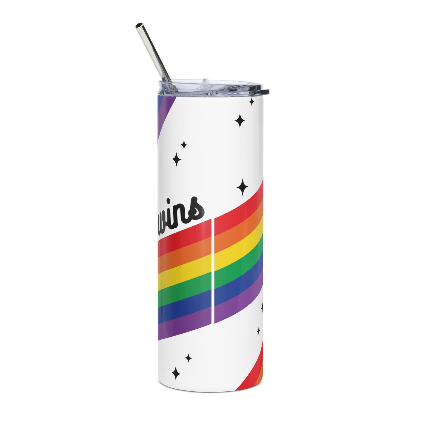 Love is Love Rainbow Pride Stainless Steel Tumbler with Straw by Spinsterly Co, white with rainbow stripes