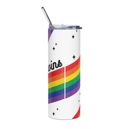 Love is Love Rainbow Pride Stainless Steel Tumbler with Straw by Spinsterly Co, white with rainbow stripes