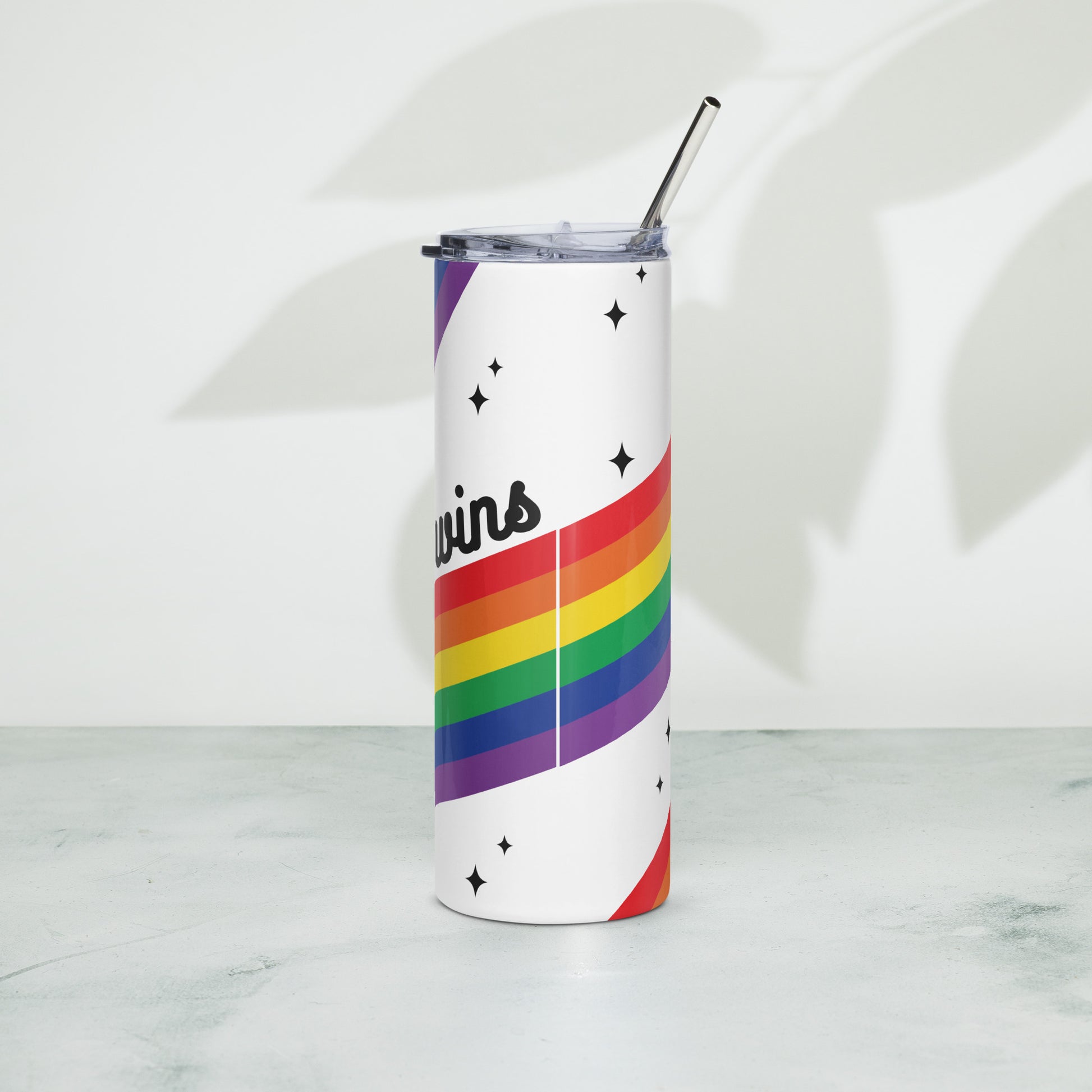 Love is Love Rainbow Pride Stainless Steel Tumbler with Straw by Spinsterly Co, rainbow print and clear lid