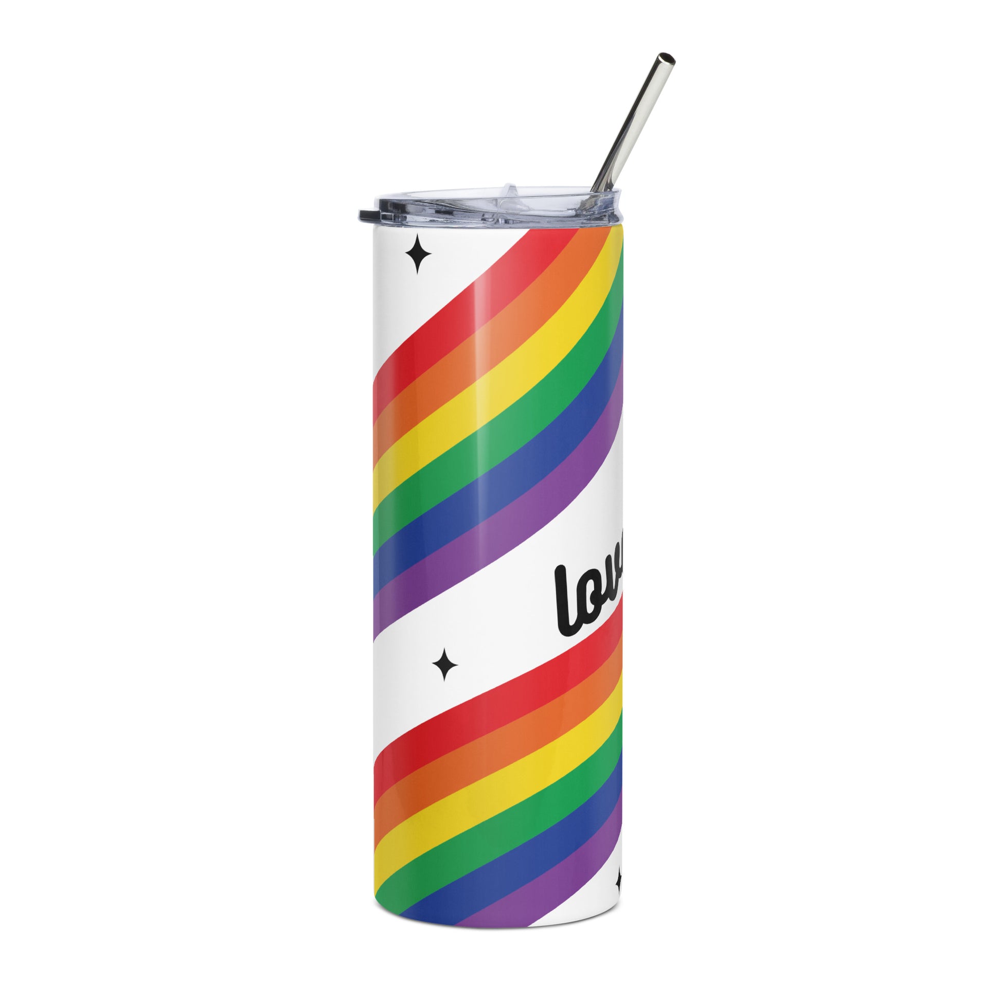 Love is Love Rainbow Pride Stainless Steel Tumbler with Straw by Spinsterly Co, rainbow stripes and clear lid