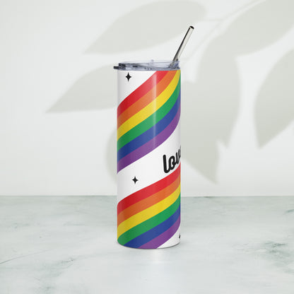 Love is Love Rainbow Pride Stainless Steel Tumbler with Straw by Spinsterly Co, rainbow stripes and clear lid