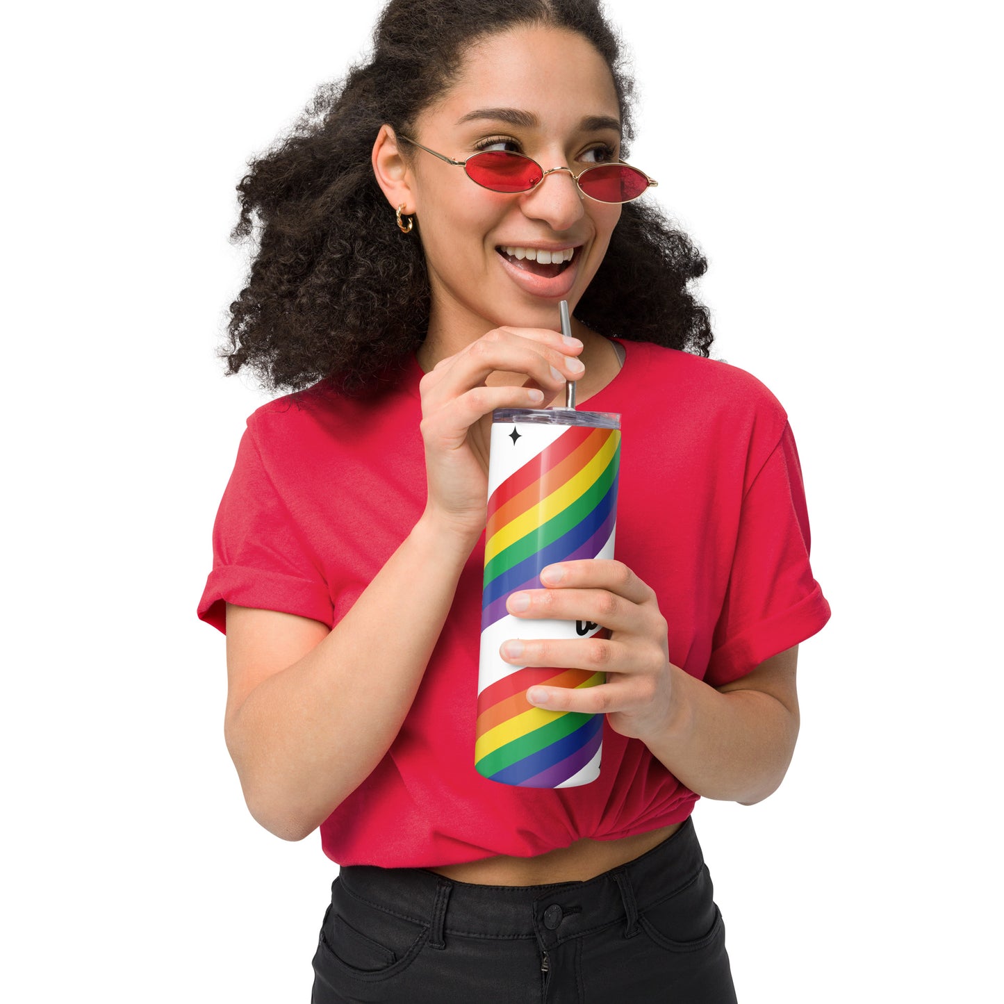 Love is Love Rainbow Pride Stainless Steel Tumbler with Straw by Spinsterly Co, rainbow print and clear lid