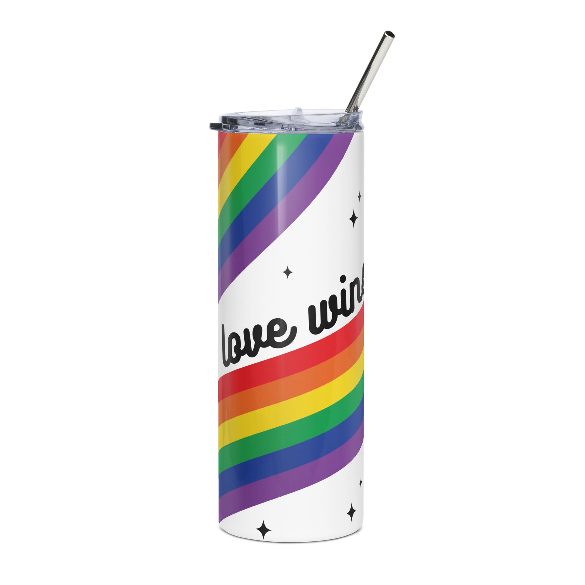 Love is Love Rainbow Pride Stainless Steel Tumbler with Straw by Spinsterly Co, rainbow stripes and clear lid
