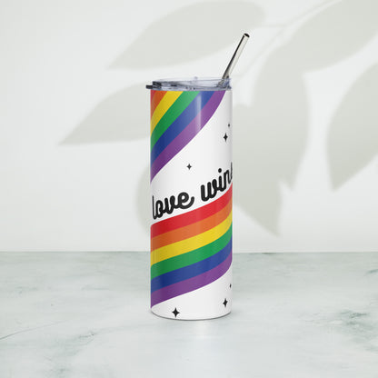 Love is Love Rainbow Pride Stainless Steel Tumbler with Straw by Spinsterly Co, white with rainbow stripes