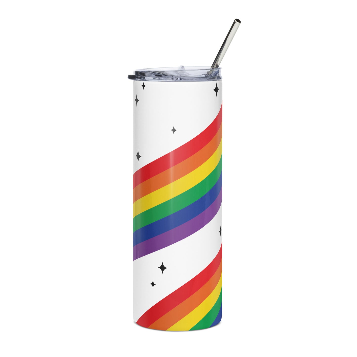 Love is Love Rainbow Pride Stainless Steel Tumbler with Straw by Spinsterly Co, white with rainbow stripes