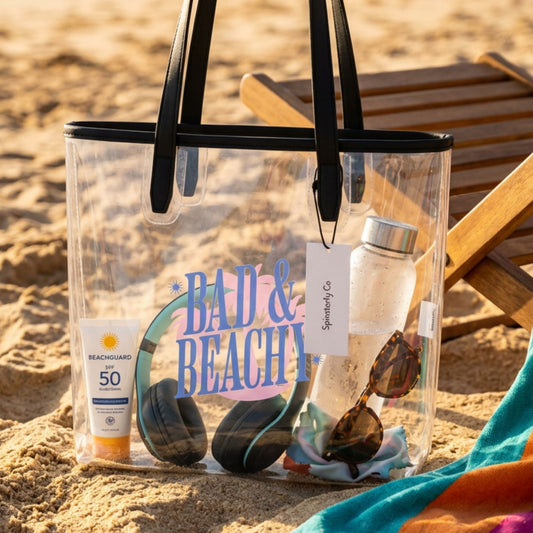 Bad Beachy Clear Tote Bag by Spinsterly Co, transparent waterproof TPU with black handles at the beach