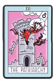 A tarot card style illustration labeled 'XVI' and 'THE PATRIARCHY,' showing a pink background, a gray tower, a red flame, and a white hand holding a sword.