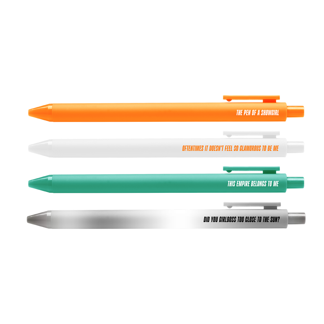 Four pens in different colors with text on a white background