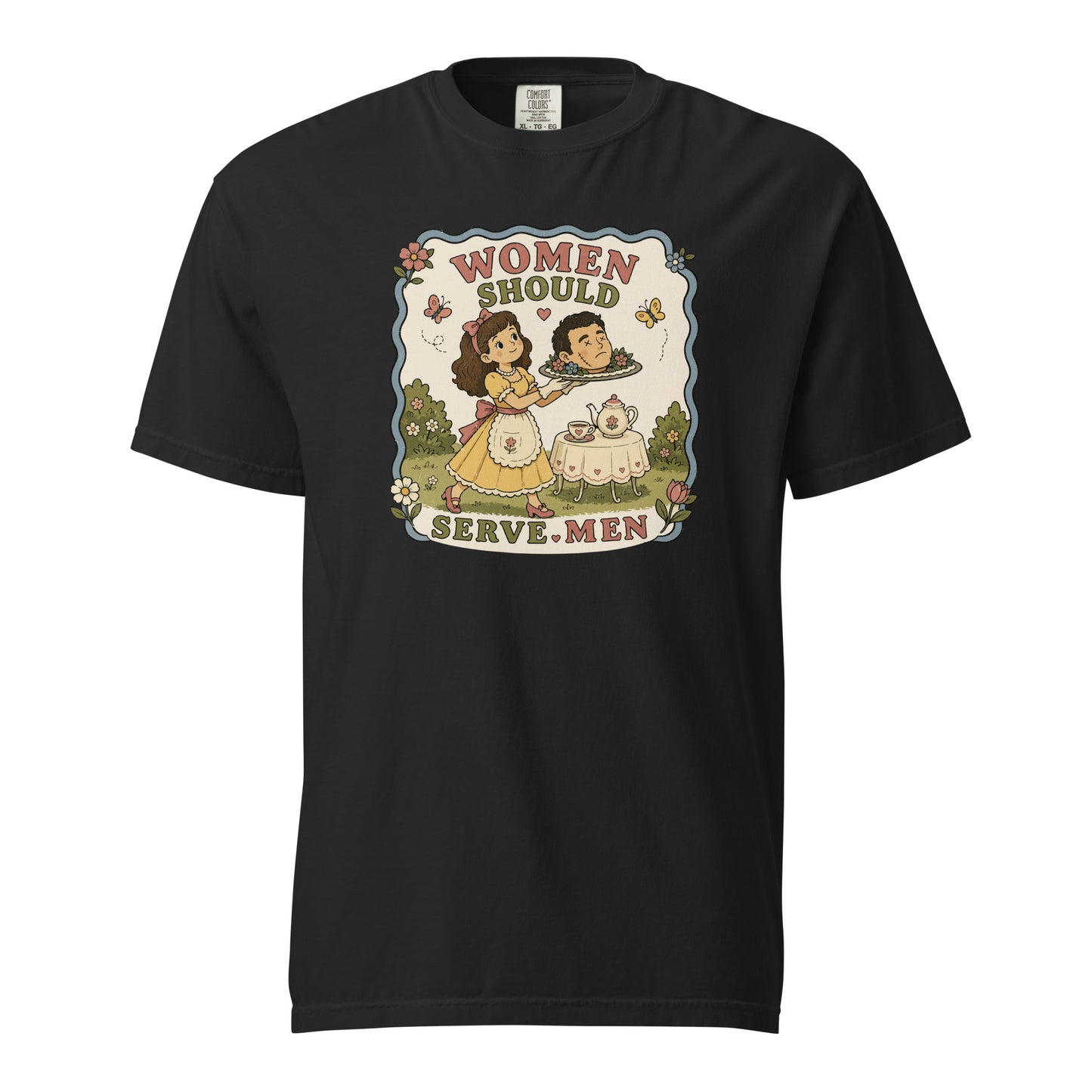 Women Must Serve Men Satirical Tee by Spinsterly Co, black heavyweight t-shirt with retro graphic print