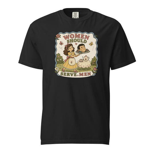 Women Must Serve Men Satirical Tee by Spinsterly Co, black heavyweight t-shirt with retro graphic print