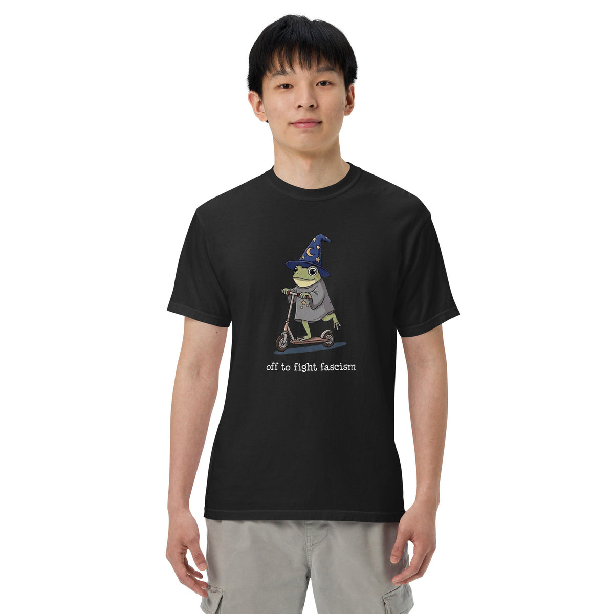 Off to Fight Fascism Wizard Frog Graphic Tee | Political Humor Statement Tee - Spinsterly Co