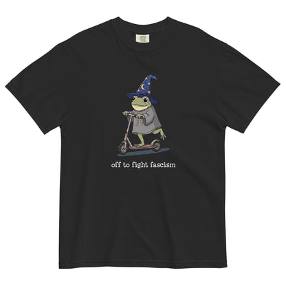 Off to Fight Fascism Wizard Frog Graphic Tee | Political Humor Statement Tee - Spinsterly Co