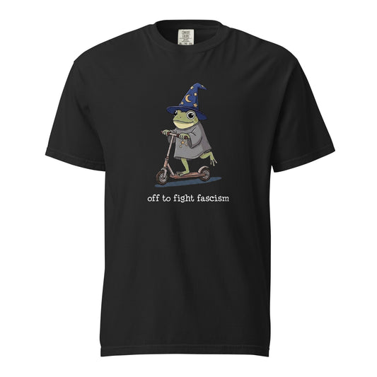 Off to Fight Fascism Wizard Frog Graphic Tee | Political Humor Statement Tee - Spinsterly Co