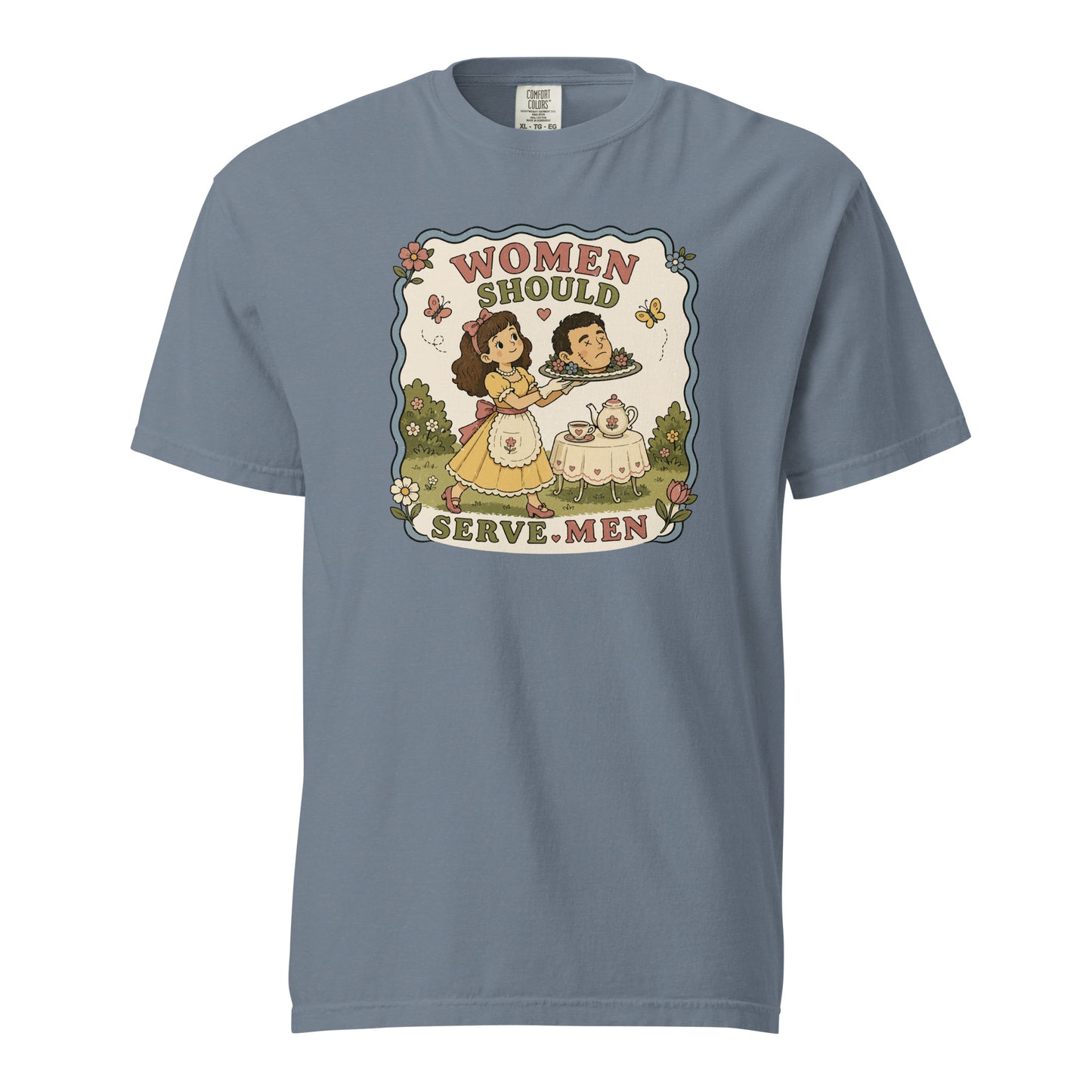 Women Must Serve Men Satirical Tee by Spinsterly Co, Midnight garment dyed heavyweight t-shirt with retro graphic