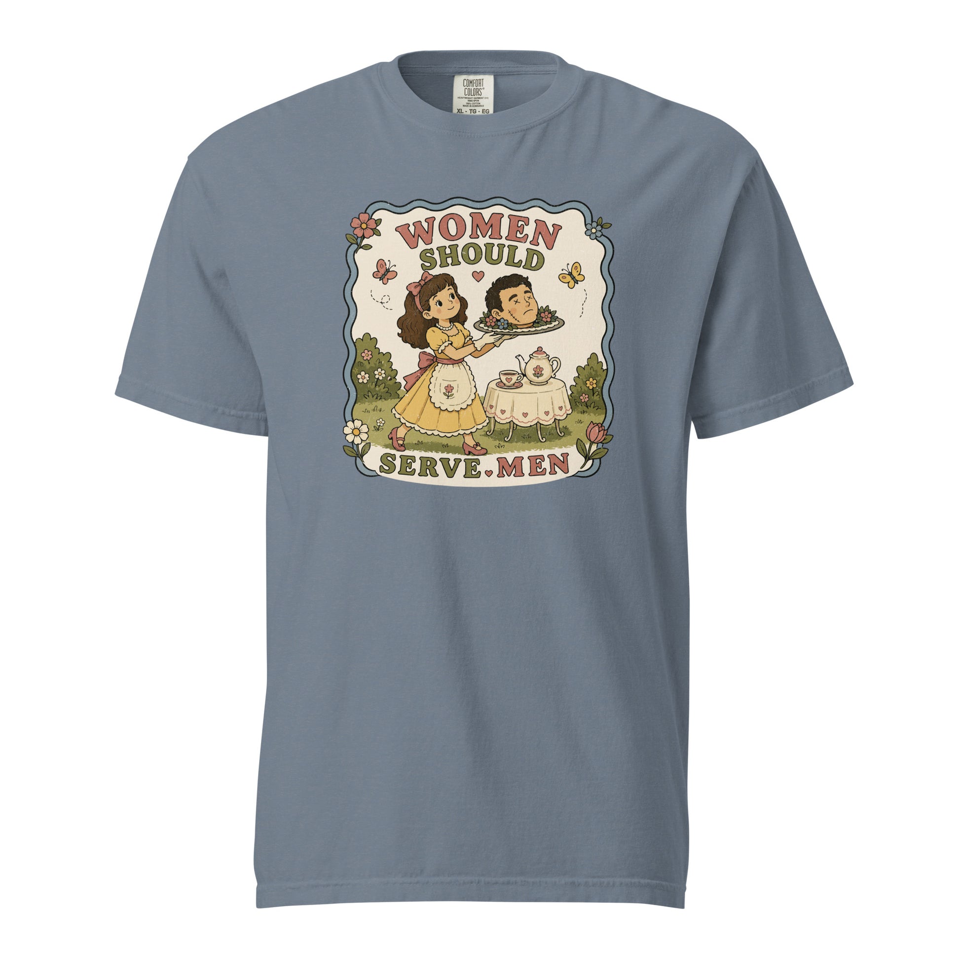 Women Must Serve Men Satirical Tee by Spinsterly Co, Midnight garment dyed heavyweight t-shirt with retro graphic
