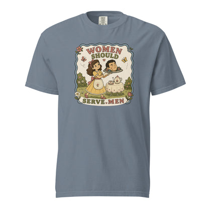 Women Must Serve Men Satirical Tee by Spinsterly Co, Midnight garment dyed heavyweight t-shirt with retro graphic