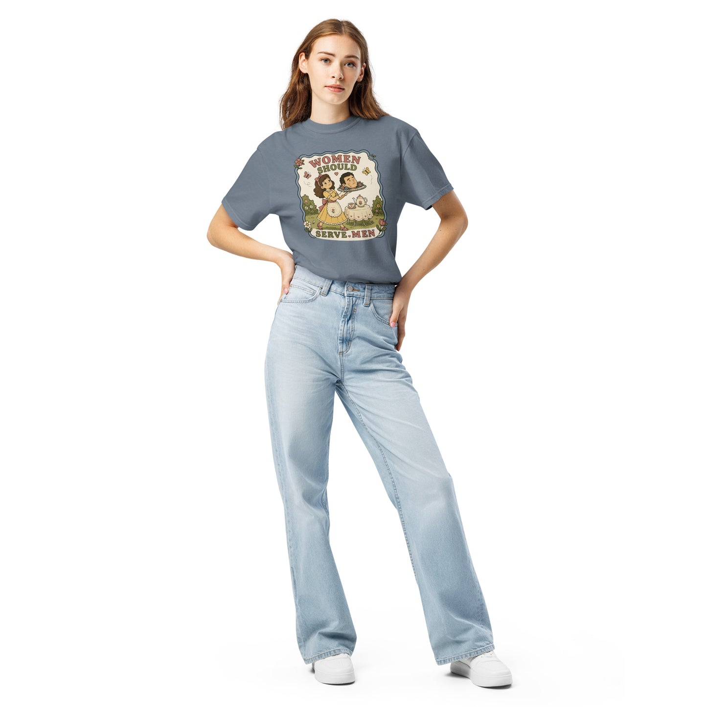 Women Must Serve Men Satirical Tee by Spinsterly Co, Midnight unisex relaxed fit graphic statement print