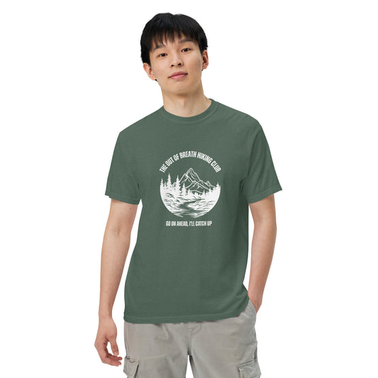 Out of Breath Hiking Club T-Shirt by Spinsterly Co unisex hiking graphic tee in dark green with printed club emblem