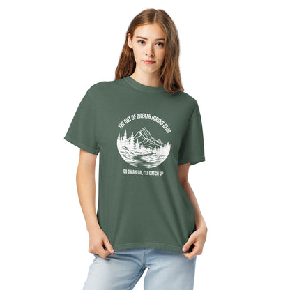 Out of Breath Hiking Club T-Shirt Spinsterly Co unisex hiking graphic tee dark green with printed club emblem