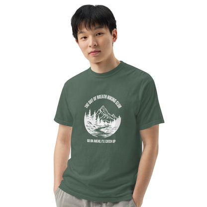 Out of Breath Hiking Club T-Shirt Spinsterly Co unisex hiking graphic tee green with printed club emblem