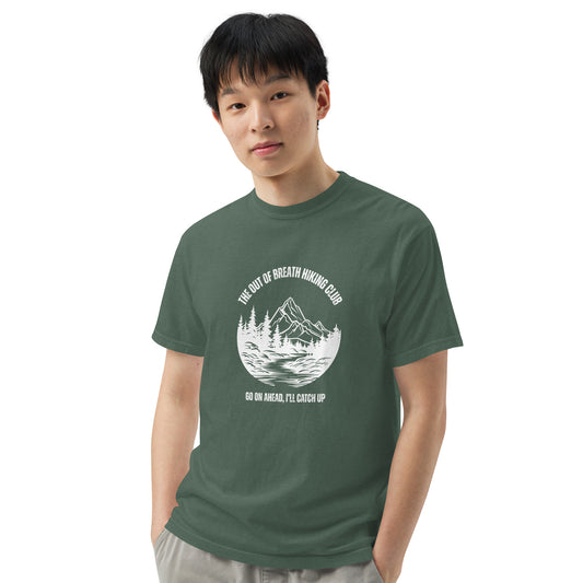 Out of Breath Hiking Club T-Shirt Spinsterly Co unisex hiking graphic tee green with printed club emblem