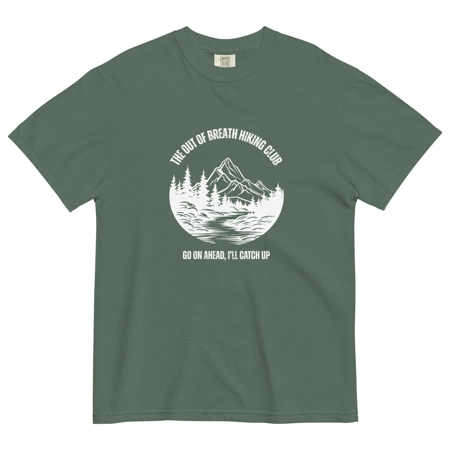 Out of Breath Hiking Club T-Shirt Spinsterly Co unisex hiking graphic tee in olive green with printed club logo