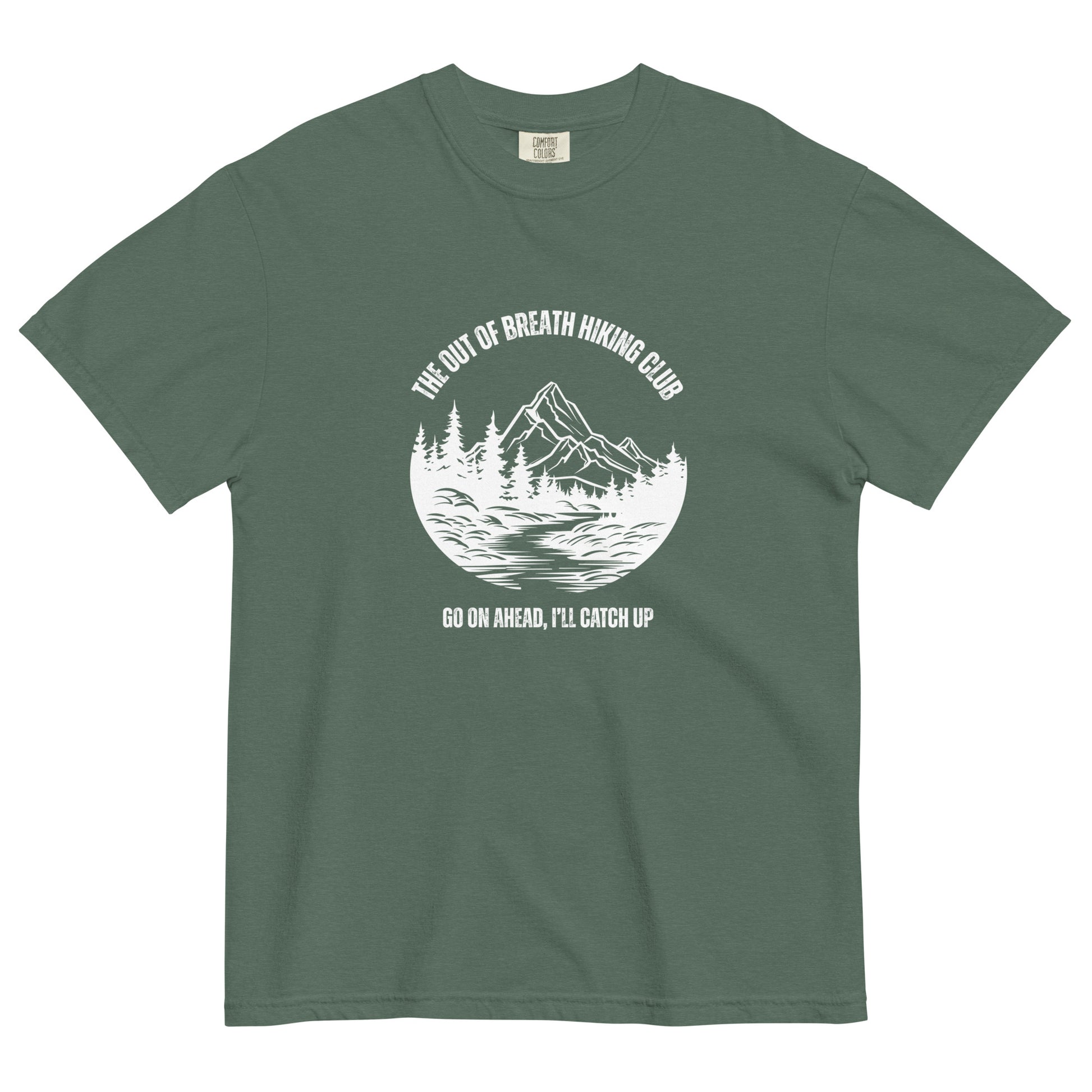 Out of Breath Hiking Club T-Shirt Spinsterly Co unisex hiking graphic tee in olive green with printed club logo