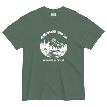 Out of Breath Hiking Club T-Shirt Spinsterly Co unisex hiking graphic tee in olive green with printed club logo