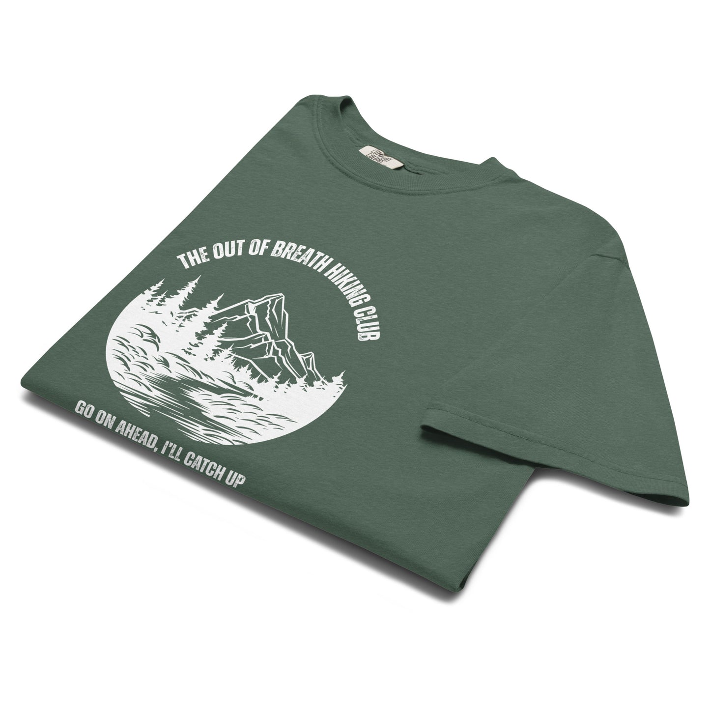 Out of Breath Hiking Club T-Shirt by Spinsterly Co, green unisex graphic tee with trail club text