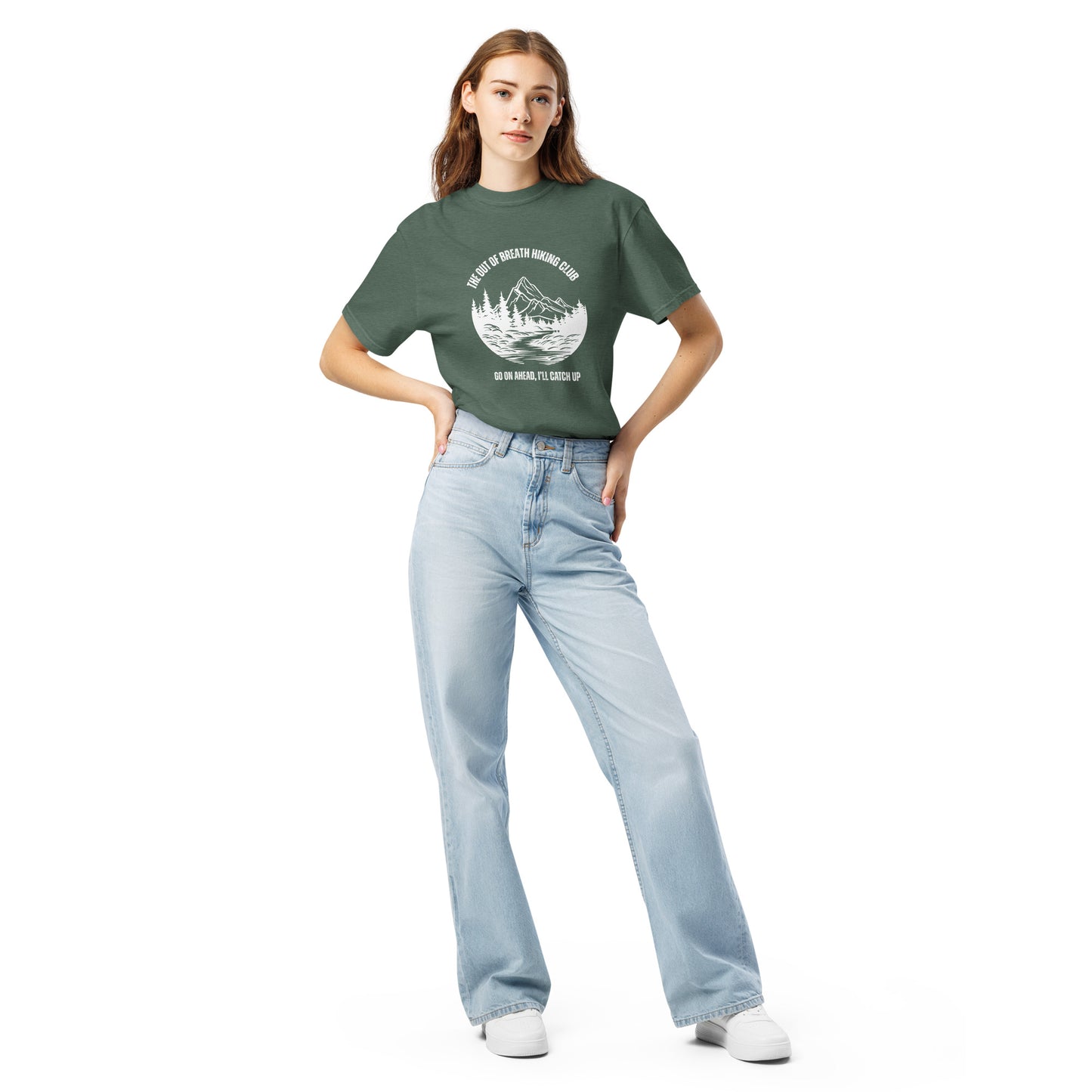 Out of Breath Hiking Club T-Shirt Spinsterly Co unisex hiking graphic tee dark green with printed club emblem