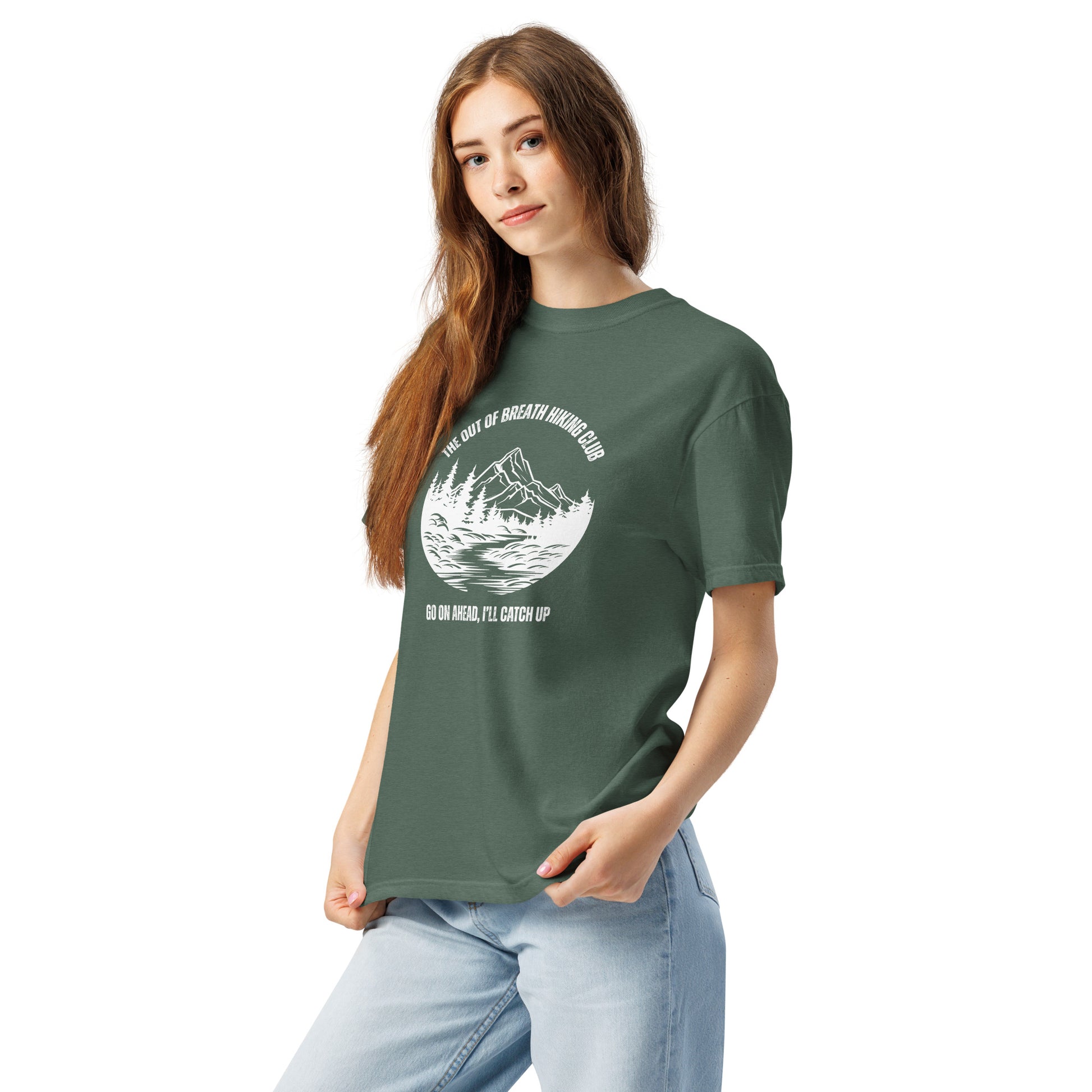 Out of Breath Hiking Club T-Shirt Spinsterly Co unisex hiking graphic tee dark green with printed club logo