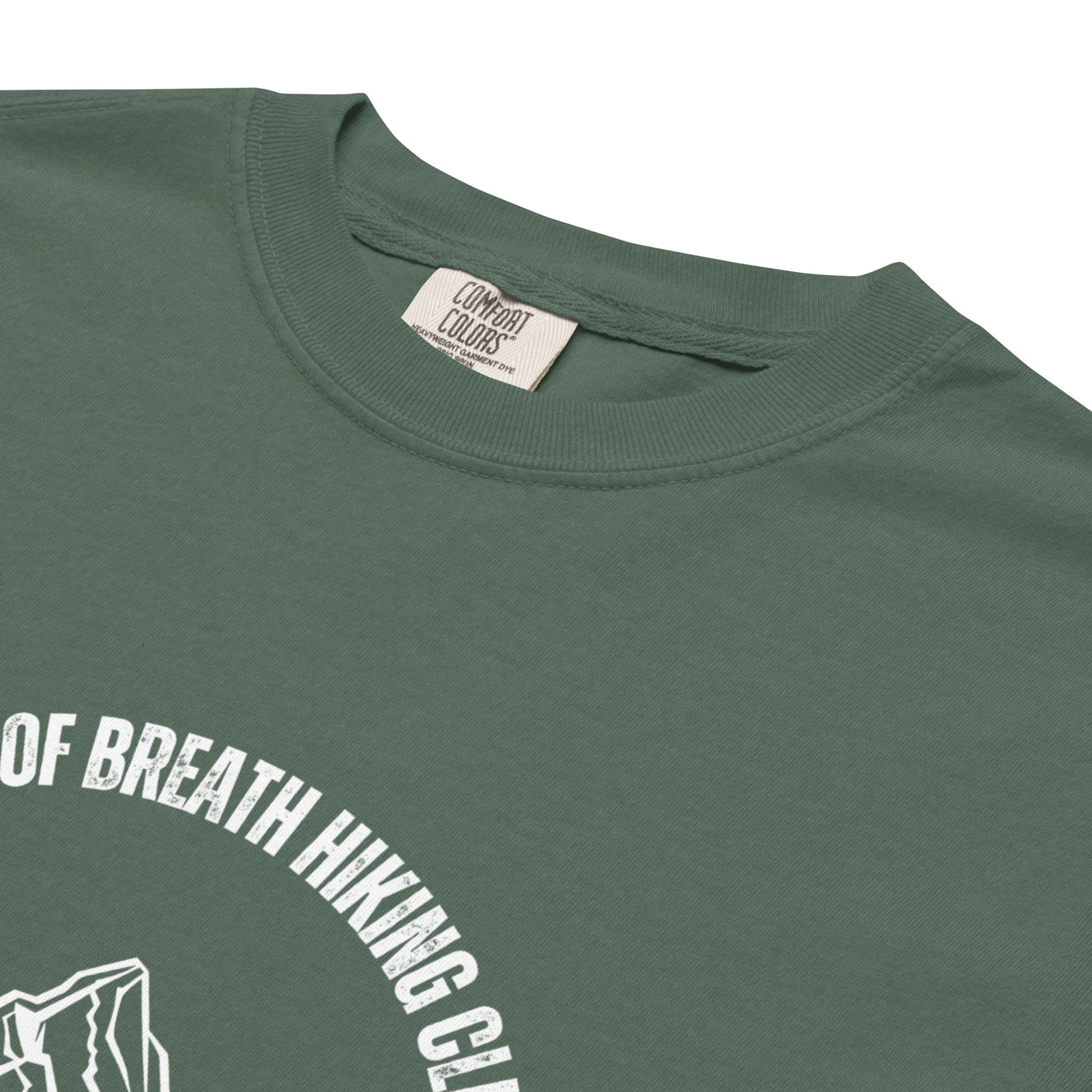 Out of Breath Hiking Club T-Shirt by Spinsterly Co, unisex hiking graphic tee in olive with crew neck ribbing