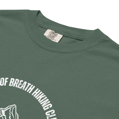 Out of Breath Hiking Club T-Shirt by Spinsterly Co, unisex hiking graphic tee in olive with crew neck ribbing