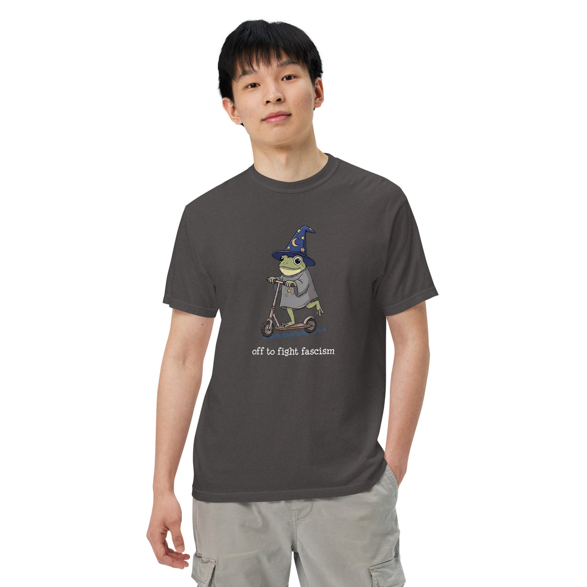 Off to Fight Fascism Wizard Frog Graphic Tee | Political Humor Statement Tee - Spinsterly Co