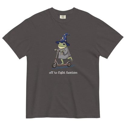 Off to Fight Fascism Wizard Frog Graphic Tee | Political Humor Statement Tee - Spinsterly Co