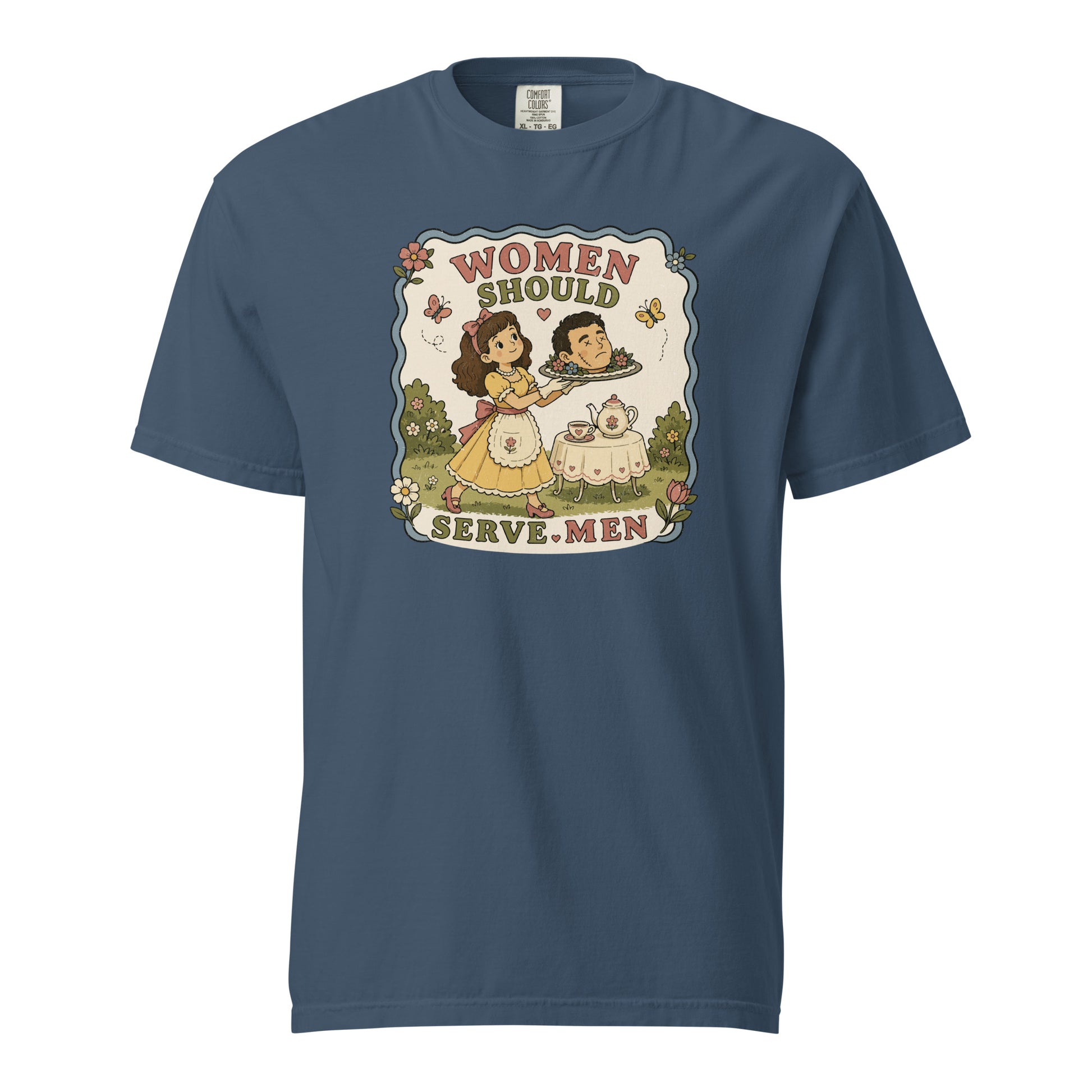 Women Must Serve Men Satirical Tee by Spinsterly Co in Blue Jean with retro graphic statement print